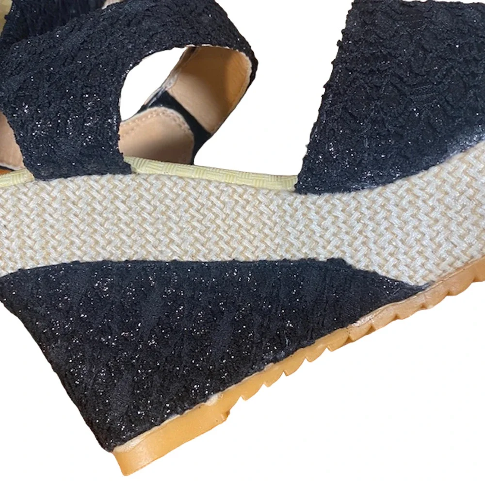 Women’s Metallic Black Wedge Espadrille Sandals Ankle Strap Velcro Size EU 38